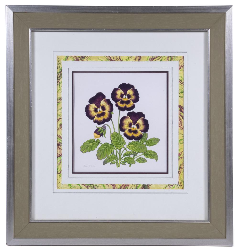 SUE WALL (NY/OH, 1950- ): Pansies, gouache on paper, pencil signed lower left, in a silvered wooden frame and French ruled triple mat, glazed, OS: 18" x 16 3/4", SS: 7 1/2" x 7". Good condition.
