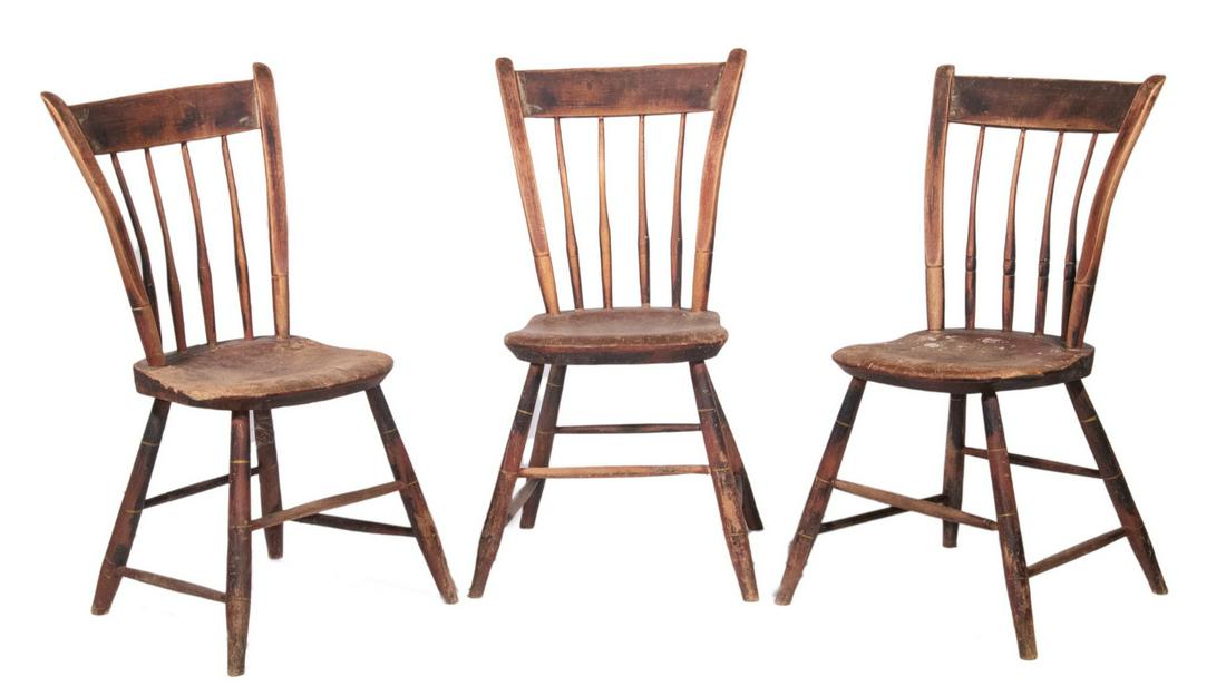 THUMB BACK WINDSOR SIDE CHAIRS: Set of (3) 19th c. Country Chairs, with traces of old red and black painted surface, four back spindles, shaped seats, faux bamboo carved legs, 34" high, 16 3/4" high seats. Surface wear.