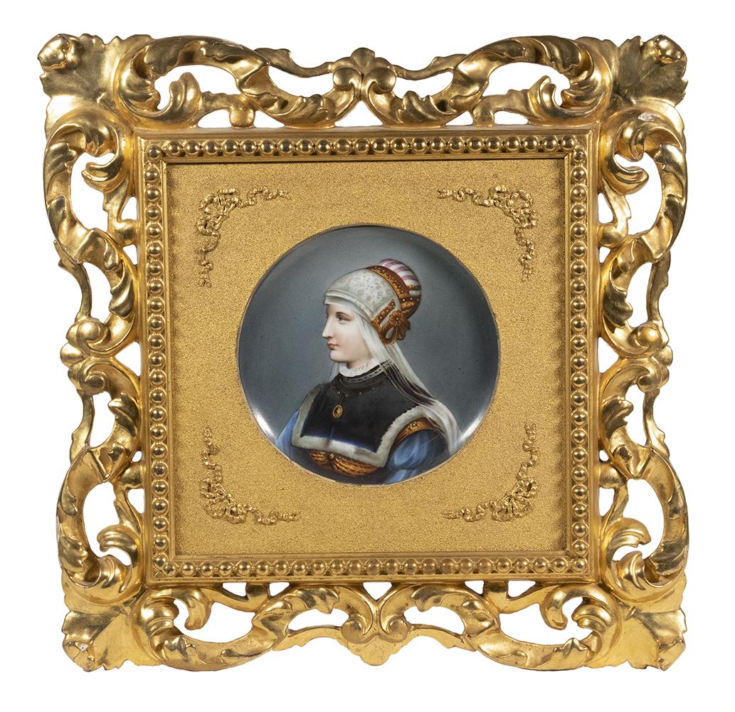 19TH C. CONTINENTAL HAND PAINTED PORCELAIN PLAQUE, UNMARKED: Bust Portrait of a Young Woman in Italian Renaissance costume, a round porcelain dished plaque in a reticulated water gilt Florentine frame, OS: 16 1/2" square, SS: 7" diam. Fine condition.