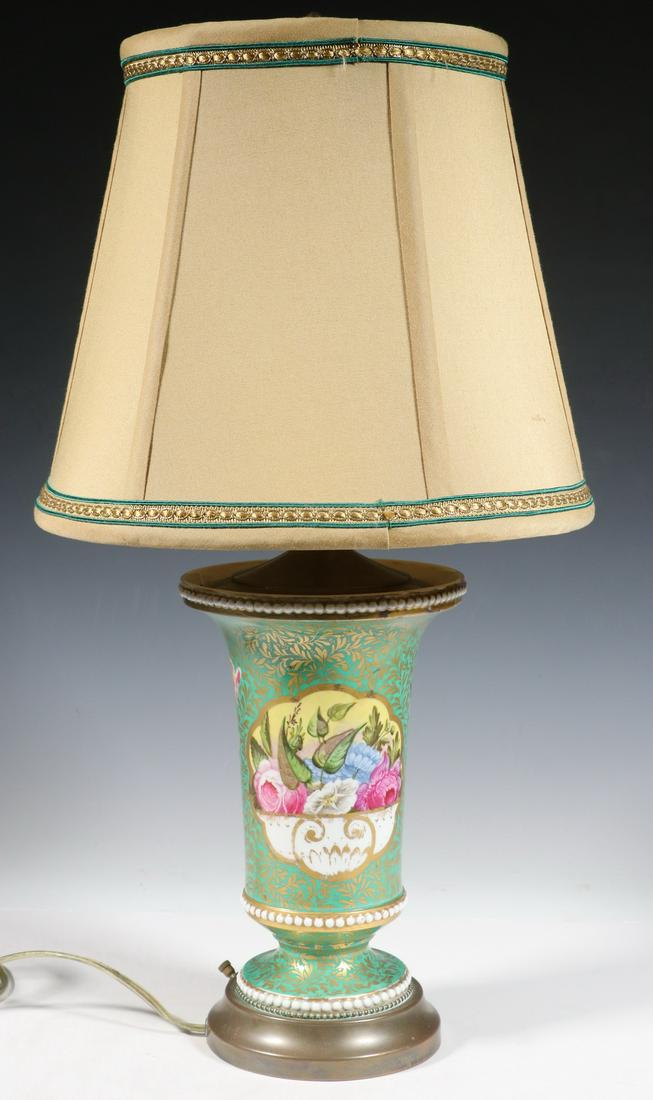 VICTORIAN PORCELAIN VASE AS TABLE LAMP: Late 19th c. Floral Decorated Porcelain Vase, wired as a table lamp c. 1930s, double socket fixture with chain pulls and switch on base, with finial and natural color silk shade with green and metalli