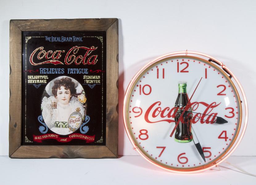 (2 PCS) VINTAGE COCA COLA CLOCK & SIGN: Lot of (2) Coca Cola Collectibles, incl: 1960s era neon rimmed electric wall clock, by El Time Co. with traces of original label, white face with red numerals and 'Coca Cola' in script, centered by an