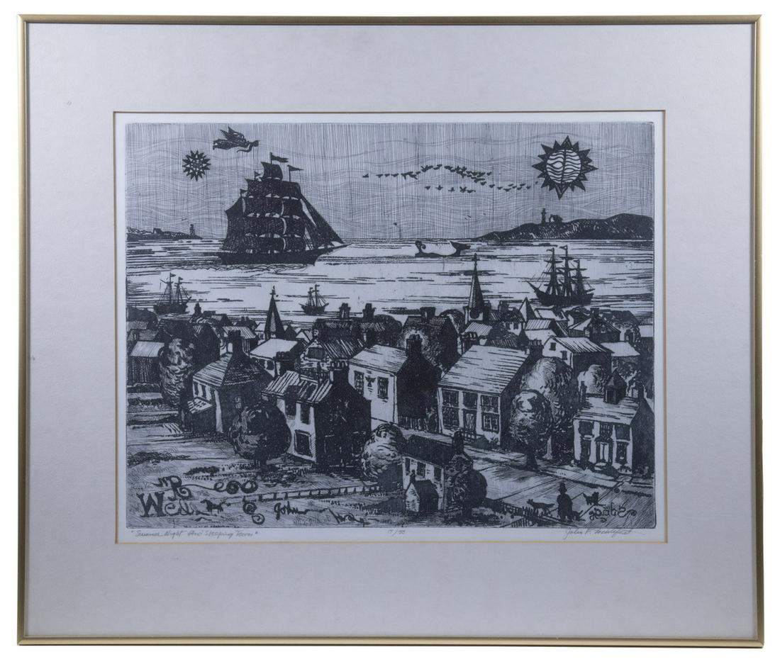 JOHN F. LOCHTEFELD (US, 20TH-21ST C.): "Summer Night and Sleeping Town", limited edition etching, #17/50, pencil signed lower right, in a gold tone metal frame with mat, glazed, OS: 22 1/4" x 26 1/4", image: 14 1/2" x 18 1/2". Good conditi
