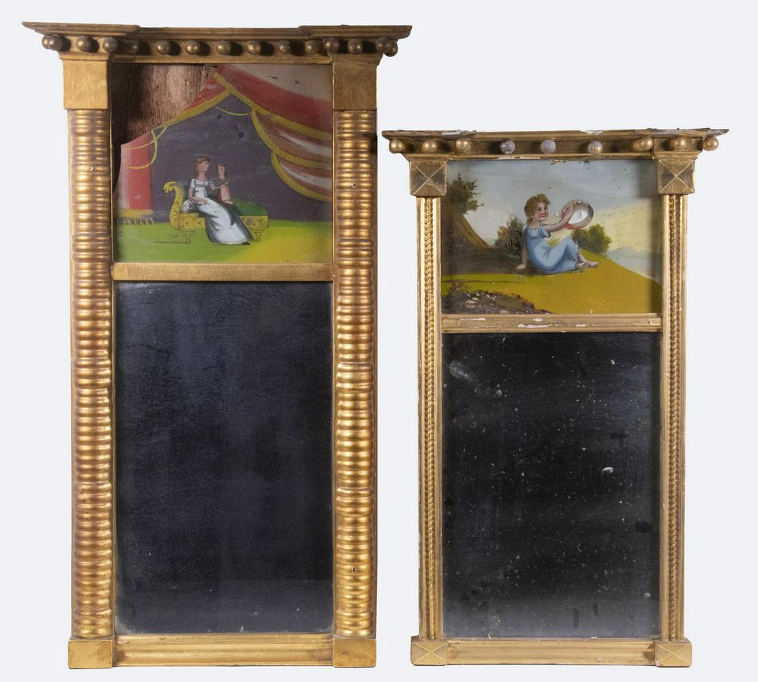 FEDERAL GILT AND EGLOMISE MIRRORS: Lot of (2) Early 19th c. Mirrors, both topped with a molded edge cornice with applied spheres and two glass panels below - top with reverse painted image and base looking glass, wooden back panels; on