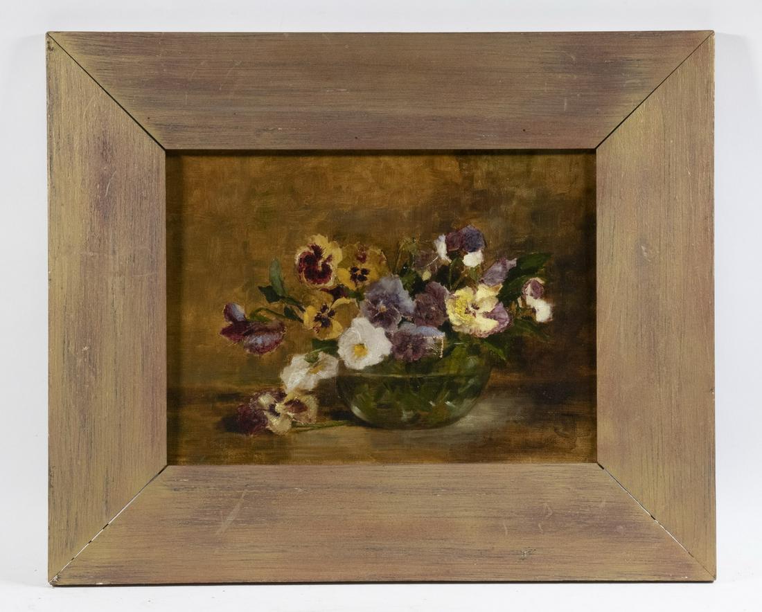 NAIVE STILL LIFE OIL PAINTING: Bowl of Pansies, oil on coarse linen, unsigned but with paper label that reads "Painted by Martha W. Brown for class, 1910", in gold painted panel frame, OS: 18 1/2" x 22 1/2", SS: 10 1/2" x 14 1/2".