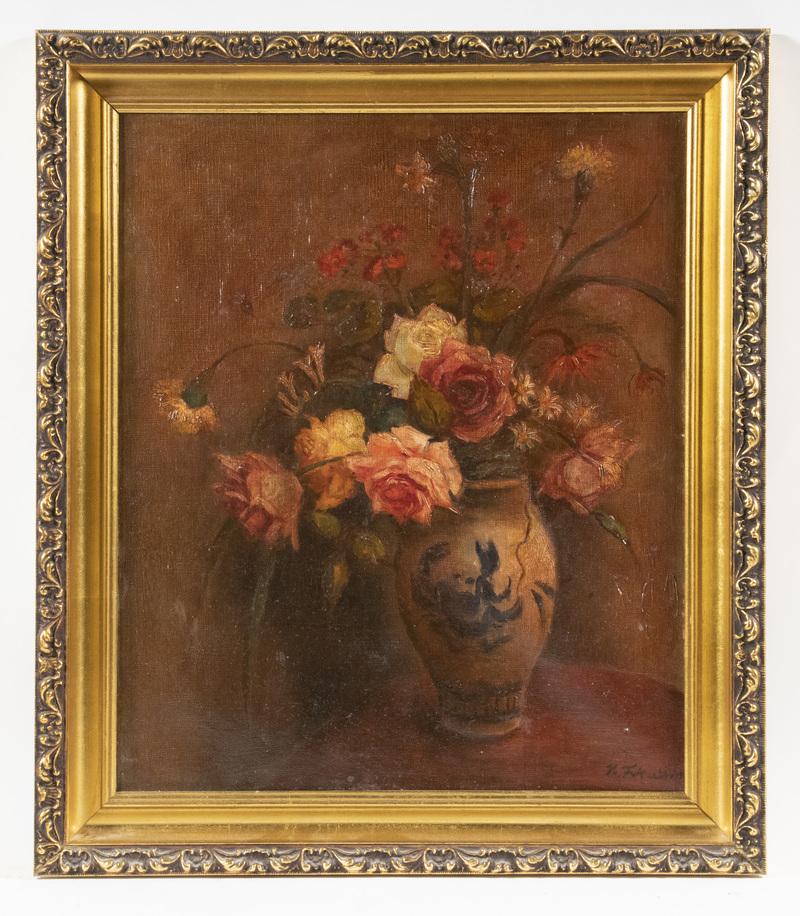 VICTORIAN STILL LIFE: Roses in a Vase, oil on canvas, signed lower right "N.F. Kulkin", in replica Victorian gold leaf frame, OS: 21 1/2" x 18 1/2", SS: 17 1/2" x 14 1/4". Two minor areas of paint loss, small puncture lowe