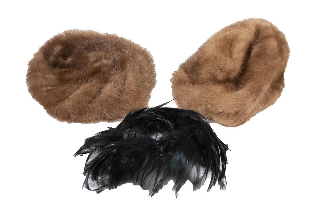 (3) VINTAGE LADIES EVENING HATS: 1950's Mink Pillbox Hat by "Mr. A Hats of New York and Paris"; PLUS Shallow Swirled Mink Pillbox "Styled by Coralie", Made in Italy; PLUS Halo Hat in black iridescent peacock feathers, unmarked. Good