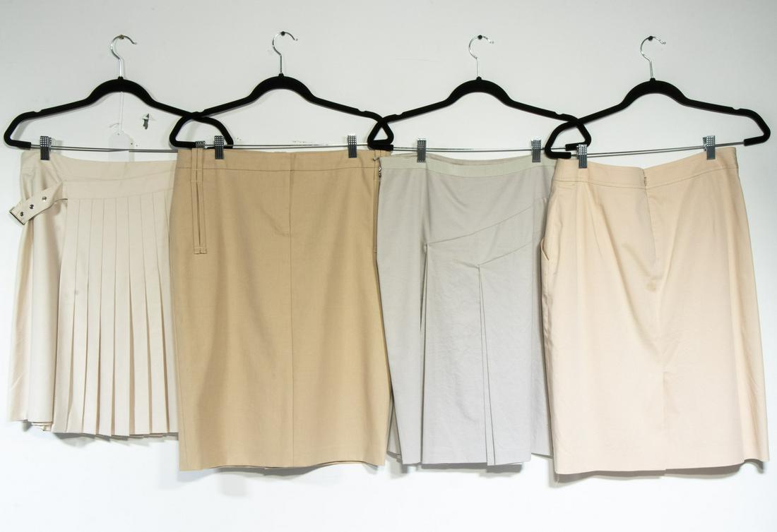 (4) LADIES SALVATORE FERRAGAMO SKIRTS: Lot of (4) ladies Salvatore Ferragamo skirts. (1) Nude A-line pleated skirt with silver tone buckle. EU size 46, 100% cotton. 22" length, 16.5" waist, 27" hem. A few small stains on front and back of