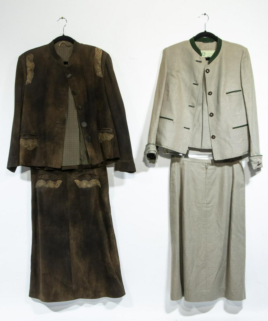 (2) JAHN-MARKL SKIRT SUITS: 2 Jahn-Markl produced skirts suits of similar styles but different materials. One set is composed of gray fabric with forest green trim and antler buttons, the other composed of suede leather with sti