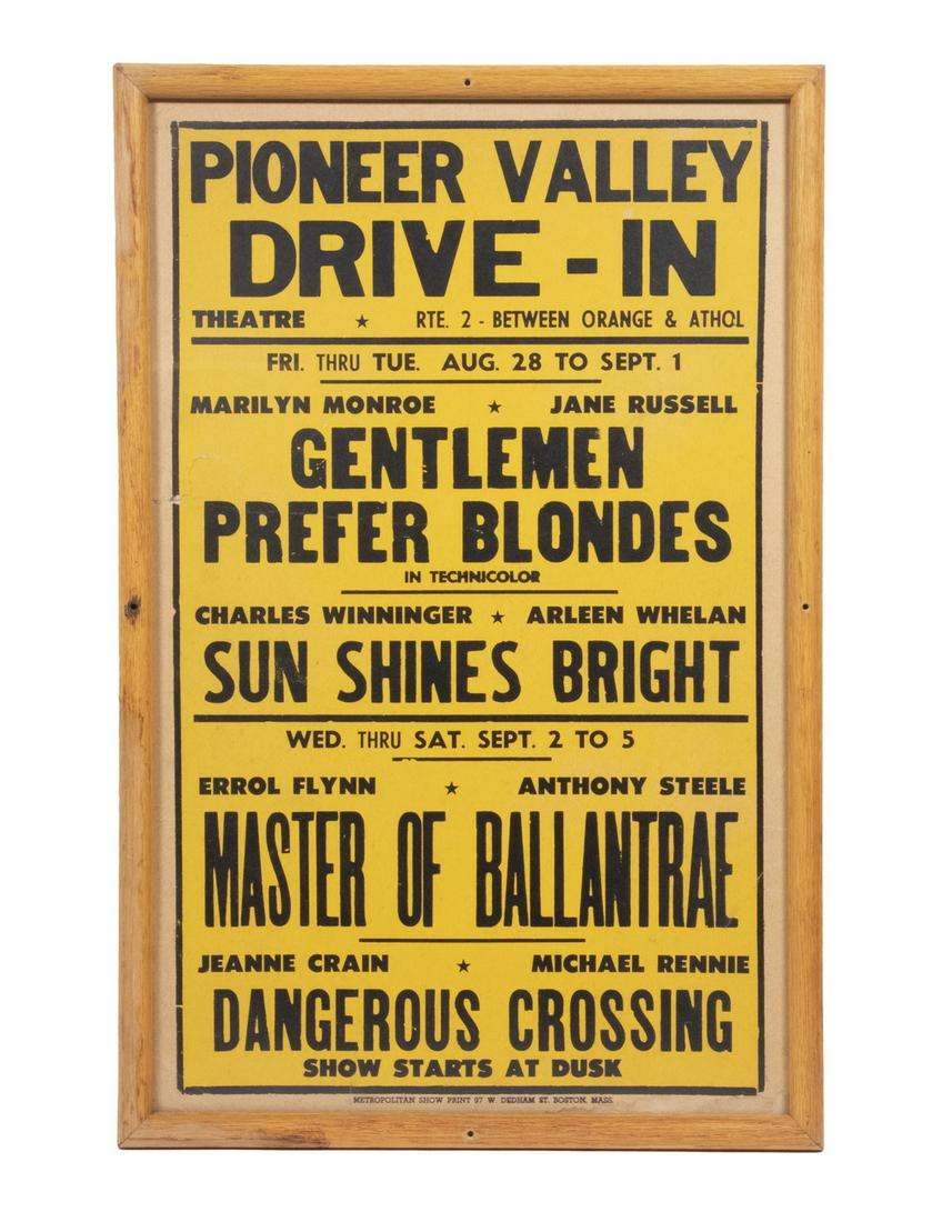 VINTAGE DRIVE-IN MOVIE POSTER: Framed 1960s Era Poster from the Pioneer Valley Drive-In Theater, Orange, MA, promoting four films - "Gentlemen Prefer Blondes", "Sun Shines Bright", Master of Ballantrae" and "Dangerous Crossing", pr