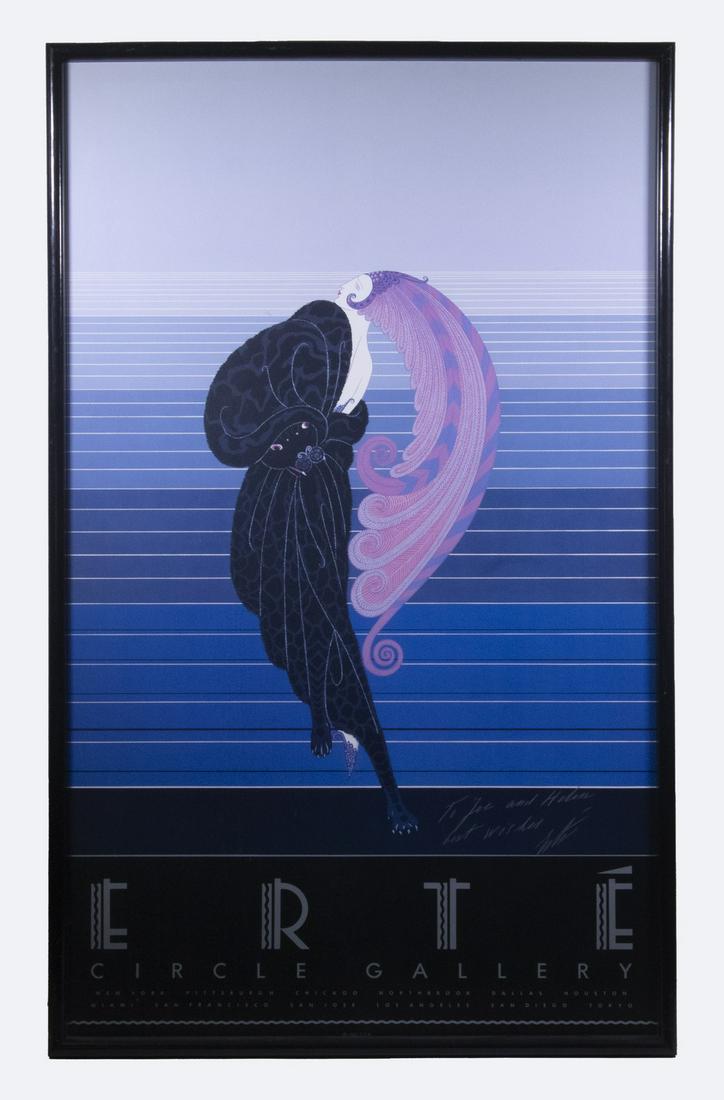 SIGNED ERTE (1892-1990) POSTER FROM TOURING EXHIBITION: Erte, Circle Gallery, 1982, inscribed "To Joe and Helen, Best wishes, Erte", in black box frame under non-glare glass, 37" x 23" overall, good condition.