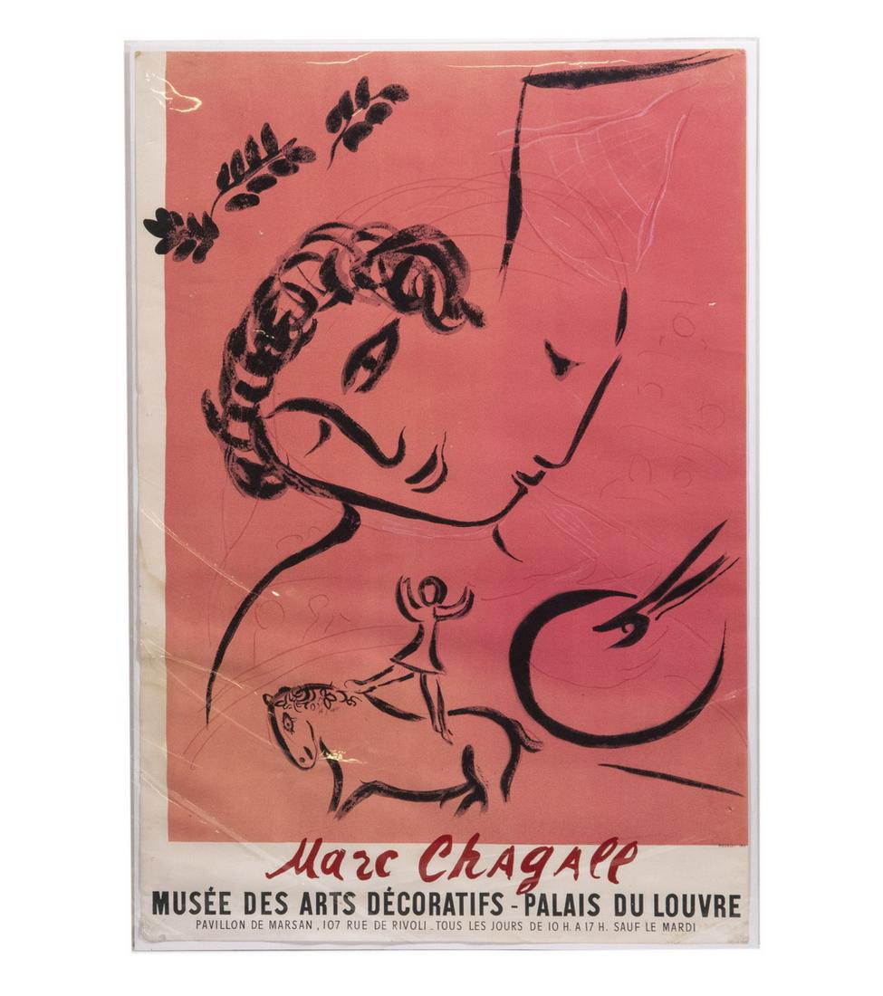 SCARCE BROADSIDE POSTER FOR CHAGALL EXHIBITION IN PARIS, PUBLISHED BY MOURLOT: "Marc Chagall, Musee des Arts Decoratifs - Palais du Louvre, Pavillon de Marsan, 107 Rue de Rivoli, Tous les Jours de 10 H a 17 H Sauf le Mardi" featuring "The Painter in Rose", 1959. Unframed, 29 1/2