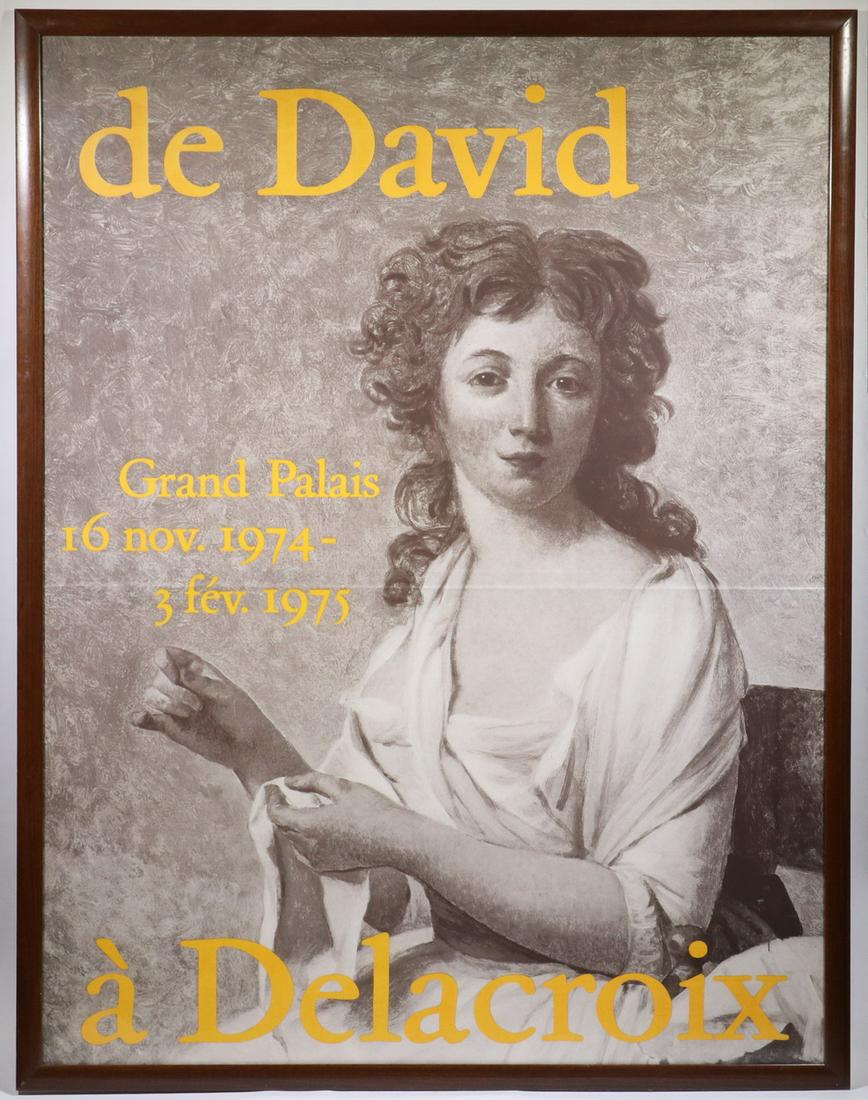 LARGE FRAMED PARIS EXHIBITION POSTER: Broadside for "de David, a Delacroix", at the Grand Palais, 16 nov. 1974 - 3 fev. 1975. Two sheets joined, with horizontal seam. In domed walnut frame, under plexi, OS: 62 1/2" x 48 1/2", SS: 59 1/2" 
