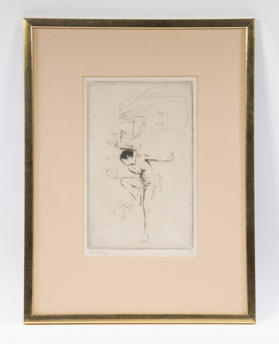 TROY KINNEY (IL/CT/KS/MO, 1871-1938): Modern Dancer, drypoint etching on Japan paper, pencil signed and numbered 38/45, in gilt stick frame, matted and glazed, OS: 16 3/4" x 12 1/2", impression: 9 1/4" x 5 3/4". Good condition.