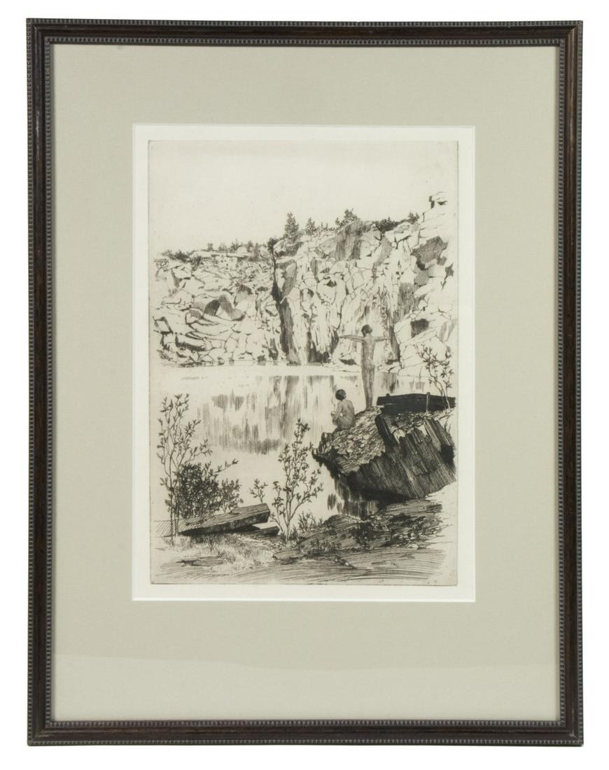 ETCHING OF QUARRY SWIMMERS, UNSIGNED, CIRCA 1920: Two Boys diving at Granite Quarry, etching on paper, unsigned, in stick frame, matted and glazed, OS: 16" x 12", impression: 9 3/4" x 6 3/4". Fine condition.