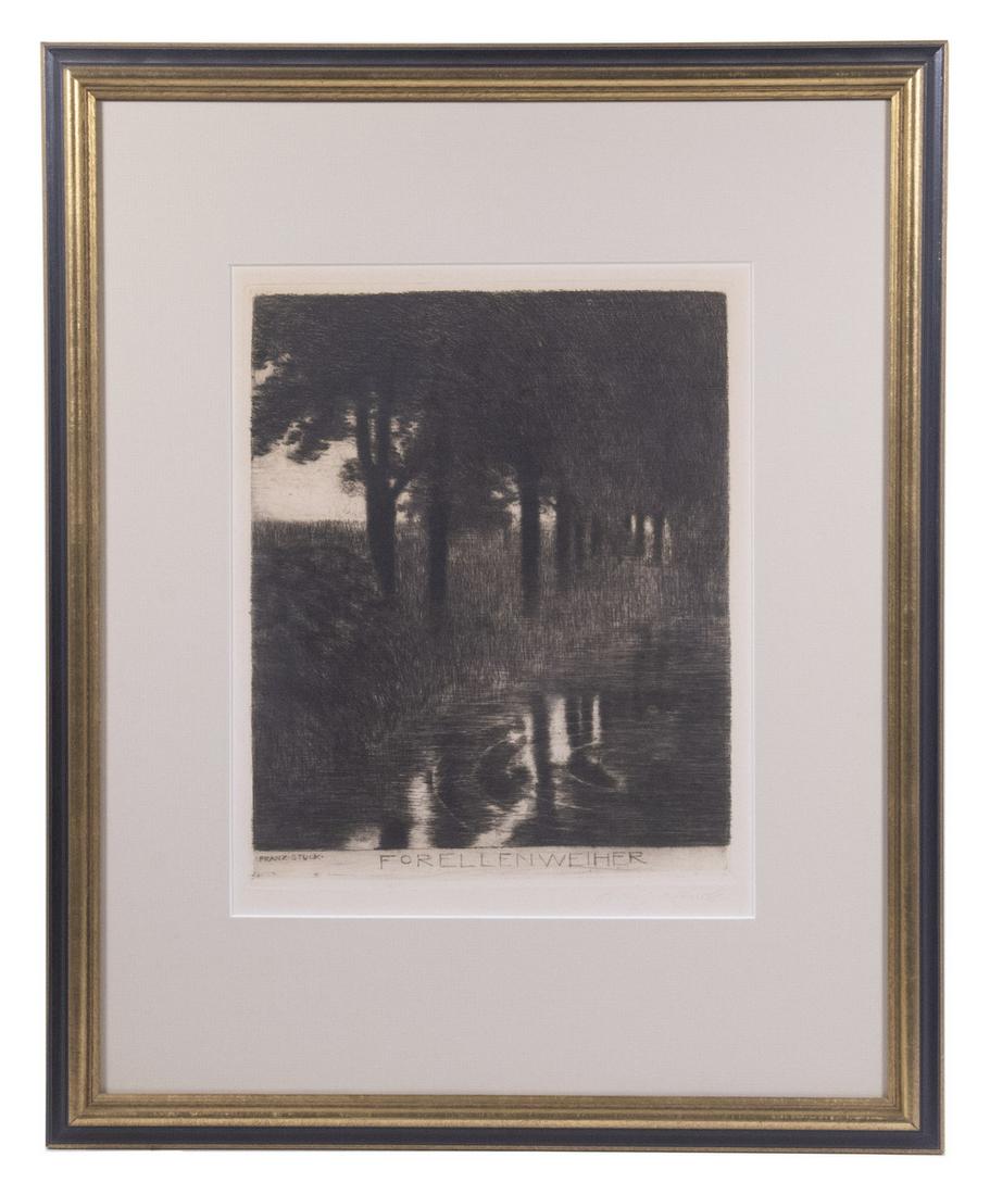 FRANZ VON STUCK (NY/GERMANY, 1863-1928): "Trout Pond", etching, signed in lower margin, inscribed in plate margin "Forellenweiher", in black and gold molded frame, matted and glazed, OS: 20" x 16 1/2", impression: 10 3/4" x 9 1/4", good cond