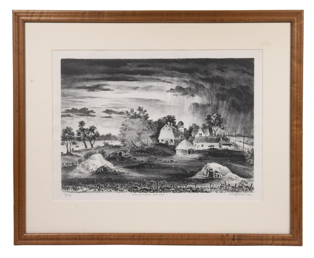 ADOLPH ARTHUR DEHN (NY/MN, 1895-1968): "Minnesots Shower", stone lithograph, pencil signed, dated '46, titled and numbered 8/30, in a narrow molded birdseye maple frame, matted and glazed, OS: 21 1/4" x 26 1/4", impression: 12 1/4" x 17 1/