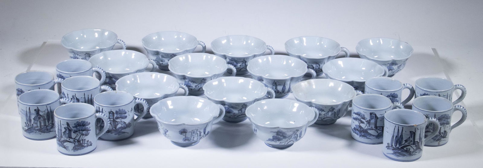 ITALIAN CANTAGALLI POTTERY DISHES: (53) Piece Set, with cobalt blue hand painted decoration, all with painted cockerel mark and "Italy". A few glaze flakes.
