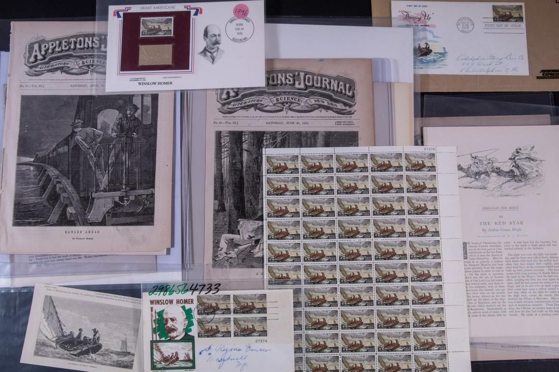 SMALL GROUP OF WINSLOW HOMER EPHEMERA IN CLAMSHELL CASE.: (5) "Appleton's Journal" front covers w/ Winslow Homer illustrations, PLUS (3) copies of his 1911 Scribner's obituary; PLUS 1962 US Stamp sheet & etc. from Homer commemorative, PLUS a few views of Mai