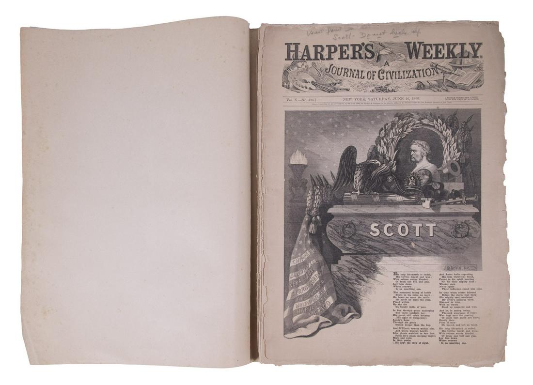 JUNE 6, 1866 HARPERS WEEKLY (DEATH OF GEN SCOTT): Original issue, Vol X, No 494., on newsprint, 16" x 11 1/2", complete but separating at fold, chattered edges, brittle and toned.Front full pg. illus. of "Scott." Inside has a full pg. illus. of "Winf