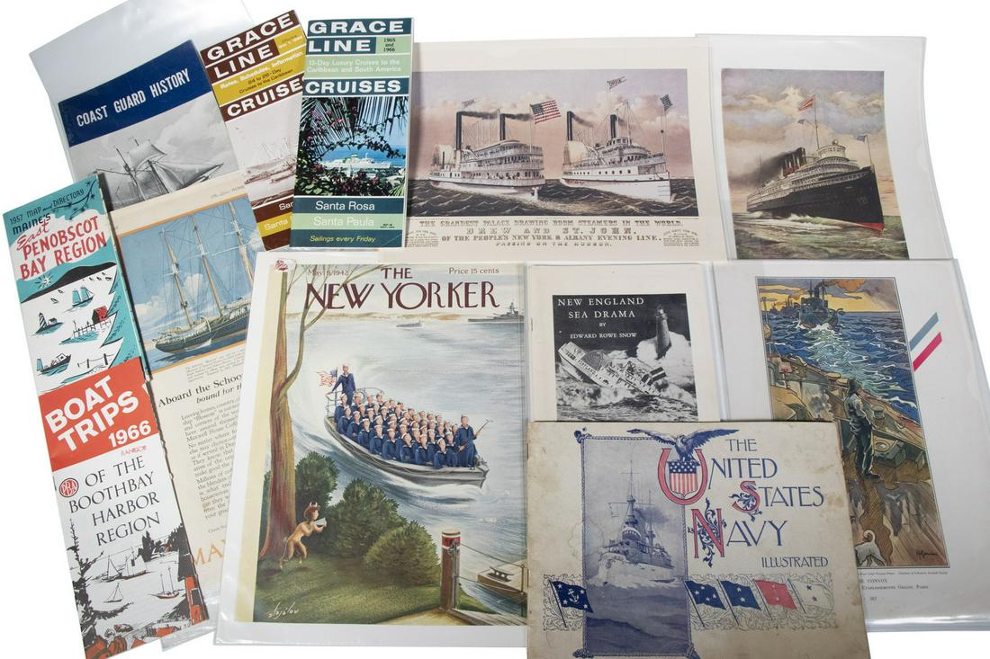 BOX OF MISC EPHEMERA, MOSTLY TRANSPORTATION: Including: "The United States Navy, Illustrated, 1898; "New England Sea Drama" by Edward Rowe Snow; "Coast Guard History", 1958; Grace Line Cruises, Santa Rosa-Santa Paula, Sept 1966 & Grace Line Sant
