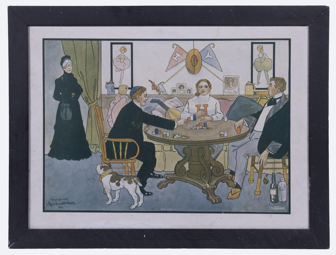 BERNHARDT WALL (NY, 1874-1956): "Your Ante", Yale vs Harvard Poker Game with unexpected arrival of the landlady, signed in print and dated 1905, published by the Gibson Co, NY. In the original dark oak panel frame, under glass, OS: 