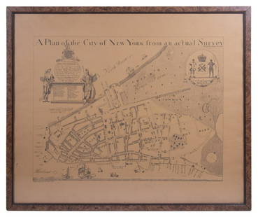 REPLICA OF LAING'S MAP OF MANHATTAN: "A Plan of the City of New York from an actual Survey" for His Excellency John Montgomerie, by William Bradford, printed on tan paper, in a faux tortoiseshell frame, under glass, 23" x 26", good condi