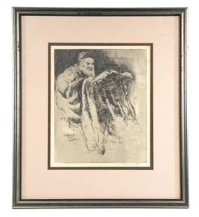 WILLIAM MEYEROWITZ (NY, 1887-1981): The Rabbi Studies, etching on paper, signed in plate and in pencil, in a silver molded wood frame, matted and glazed, OS: 17" x 15", SS: 10" x 8 1/2". Good condition.