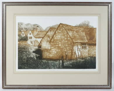 MICHAEL CHAPLIN, R.E. (BRITISH, 1943 - ): 'Manor Farm, Taynton', color aquatint etching, pencil signed and dated 1977, numbered 28/100, depicting a row of conjoined stone buildings, 14 1/4" x 22" impression, OS: 24 1/4" x 30 1/2", with Peter