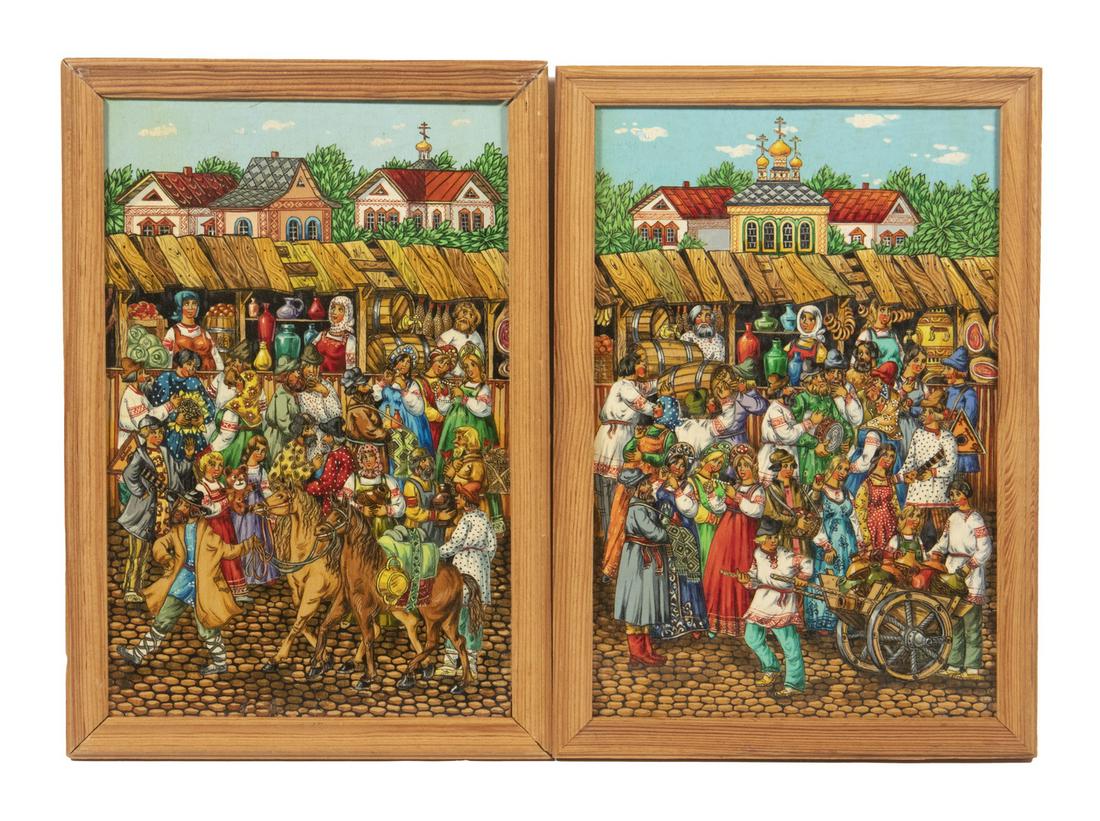 PAIR OF 21ST C. RUSSIAN FOLK PAINTINGS: Village Festival, oil on birch panel, signed verso in Cyrillic and dated 2003, purchased in Moscow, in molded spruce frame, OS: 13" x 9", SS: 11 1/2" x 17 1/2", good condition.