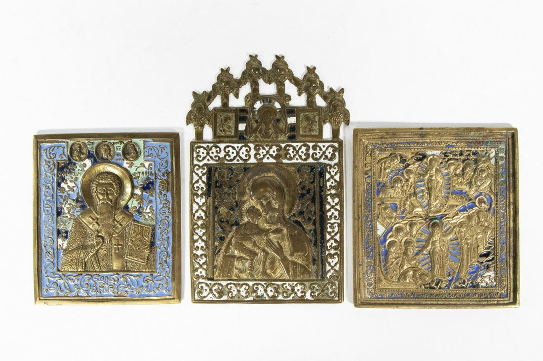 GROUP OF RUSSIAN ENAMELED BRASS ICONS (1 of 4)
