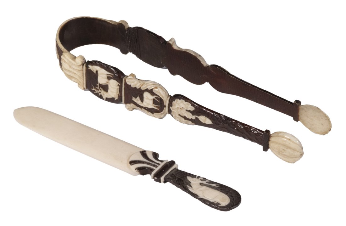 GERMAN 19TH C. PAPER KNIFE & TONGS: Antique German Hand Carved paper knife & tongs, decorated with deer and oak leaves, probably Bavarian, 5 1/8" & 6" long. Tongs separated, chip to tip.