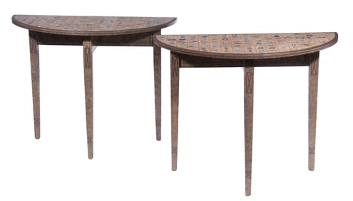 PAIR OF CONTEMPORARY FOLK ART PAINTED DEMI-LUNE TABLES