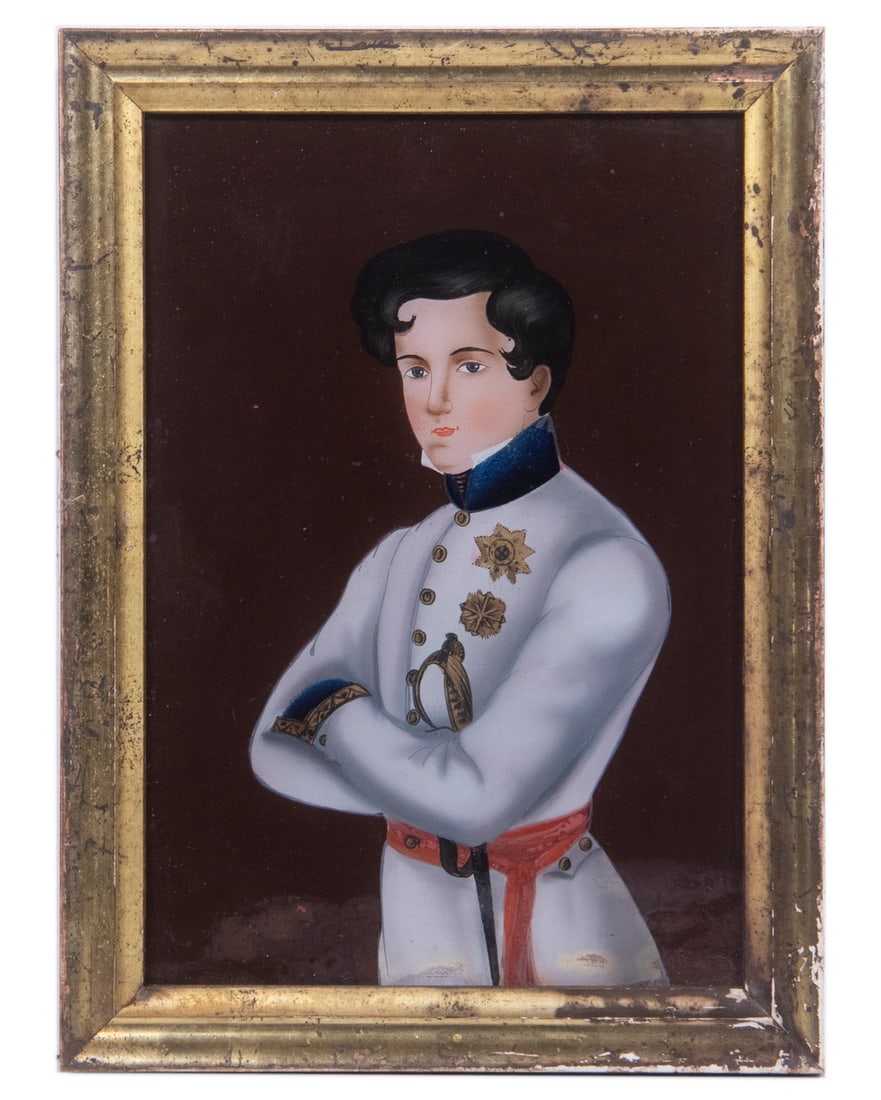 REVERSE GLASS PAINTING OF A SOLDIER, CIRCA 1825: Waist length portrait of a Handsome Young Austro-Hungarian Infantry Officer, depicted in summer dress uniform, posing with crossed arms, unsigned, in lemon gold molded frame, OS: 10" x 7 1/2", SS: 8 1