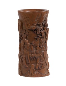 19TH CHINESE CARVED WOOD BRUSH POT