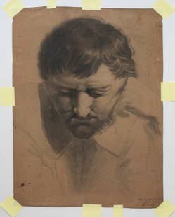 EARLY 19TH C. ACADEMIC CHARCOAL COPY OF A RAPHAEL PORTRAIT, AFTER MICHELANGELO, UNFRAMED, IN: Well Drafted Copy of a Bearded Man's Head, downcast and resting on one hand, charcoal on early wove paper, inscribed in German lower right and dated 1814. 16" x 21 1/2". Toned, a few short edge tears.