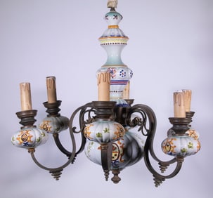 ITALIAN STYLE POTTERY AND BRASS CHANDELIER, CIRCA 1970"S