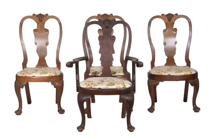 (SET OF 4) VINTAGE QUEEN ANNE STYLE DINING CHAIRS (1 ARM/3 SIDE)