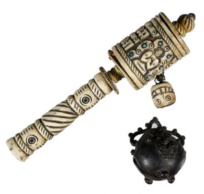 CARVED BONE TIBETAN PRAYER WHEEL & BRONZE BELL