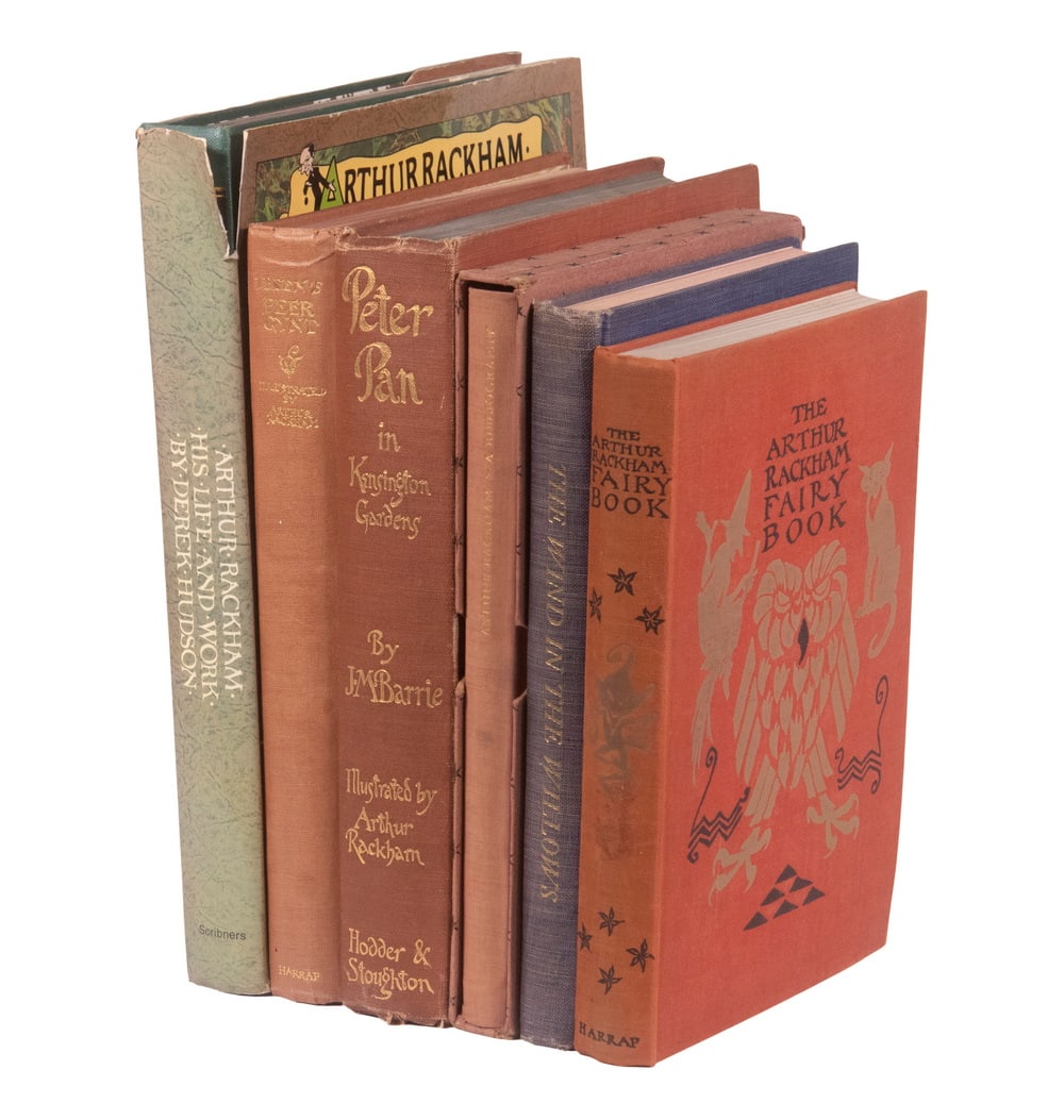 (4) BOOKS ILLUSTRATED BY & (2) BOOKS ABOUT ARTHUR RACKHAM: Including: "Peter Pan in Kensington Gardens" by J.M. Barrie, with drawings by Arthur Rackham, Hodder & Stoughton, London, 1909, sixth ed.125 pp, 24 plates with color illustrations, all with original c