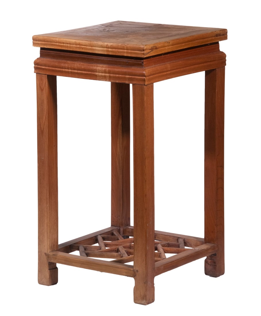 CHINESE STAND: Elmwood Square Stand, mortise and tenon construction, with applied molded edge top, inset apron, with openwork lower shelf, set on square legs with inverted hoof form feet, 30 3/4" high, 16 3/4" sq. S