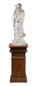 CHINESE PLASTER IMMORTAL ON WALNUT FLOOR PEDESTAL