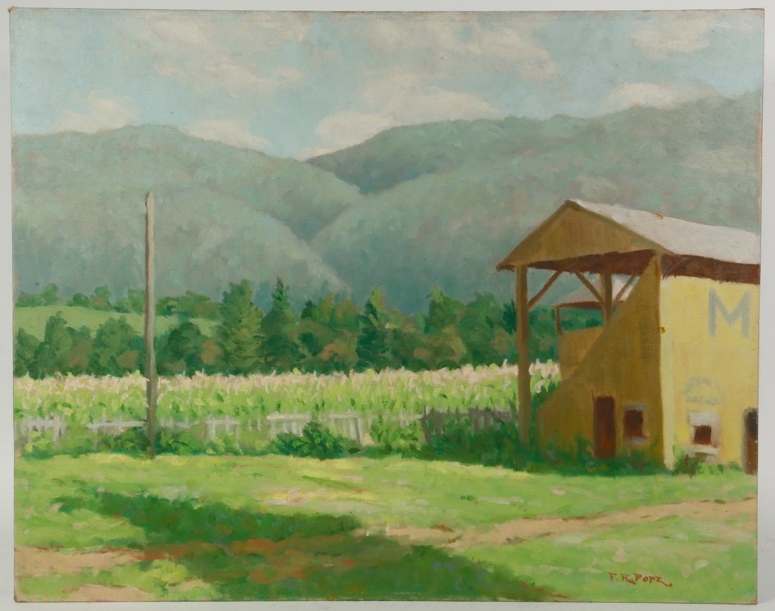FRANK R. POPE (NY, 20TH C.): Mountain View, oil on canvas board, signed lower right, a summer landscape with a field of wildflowers, mountains in the distance, Frank R. Pope was a member of the Albany Artist Group from 1961-63, u