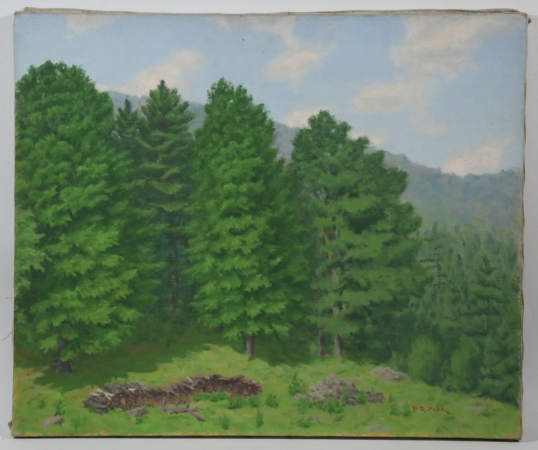 FRANK R. POPE (NY, 20TH C.): Pine Trees, oil on canvas, signed lower right, depicting a group of tall pines, chopped wood in the foreground, Frank R. Pope was a member of the Albany Artist Group from 1961-63, unframed, 20" x 24".