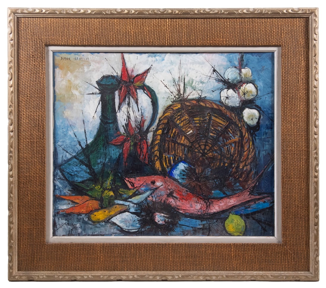 DIDIER GRANDT (FRANCE, 1934 - ?), SCHOOL OF BERNARD BUFFET: Still Life with Basket and Fish, oil on canvas, signed upper left, housed in a hand carved Mid-Century dull gold frame with coarse burlap and cream liner. OS: 26" x 29", SS: 17 1/2" x 21 1/2".