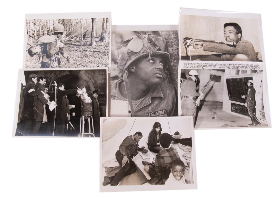 (6) ORIGINAL 1960s PRESS PHOTOS: CIVIL RIGHTS & VIETNAM: Including: Washington DC 4/4/66 Camping in Lafayette Park, Mississippi Farmhands; PLUS 3/16/66 LA Police Officers watch Molotov Cocktail in Watts; PLUS 5/25/66 LA Gamalyle Ferguson testifies about pol