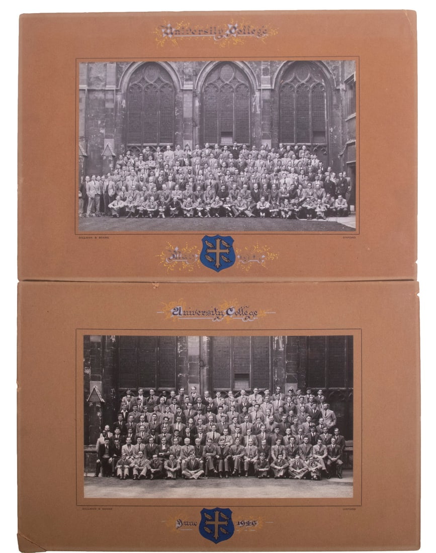 (2) 1940'S OXFORD UNIVERSITY CLASS PHOTOS, UNFRAMED: June 1946 & May 1947, taken in front of an ancient hall, by Gilman & Soame, Oxford, having painted caption and heraldic arms on mats, unframed, 7 1/4" x 11 3/4" image on 11 1/2" x 17" mount, otherwise
