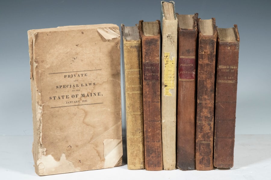 (7) MAINE HISTORICAL LAW BOOKS: Including: Glazier & Co's Edition, "Laws of the State of Maine, Part 1, Vol. 2, Hallowell, Glazier & Co. 1828, blue paper boards, linen spine; PLUS "Private and Special Laws of the State of Maine, Jan