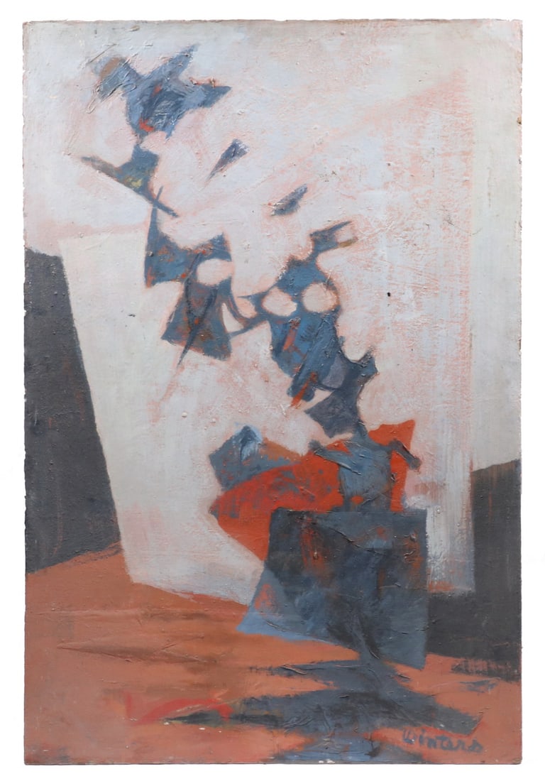 DENNY SONKE WINTERS (NY/CA/ME/MI/MEXICO, 1905-1985): "Agenda", oil on masonite, signed lower right, titled on label remnant verso from Rehn Galleries in NYC, inscribed verso "Brunswick, Maine", depicting an abstract sculpture in a studio, unframed, 48"