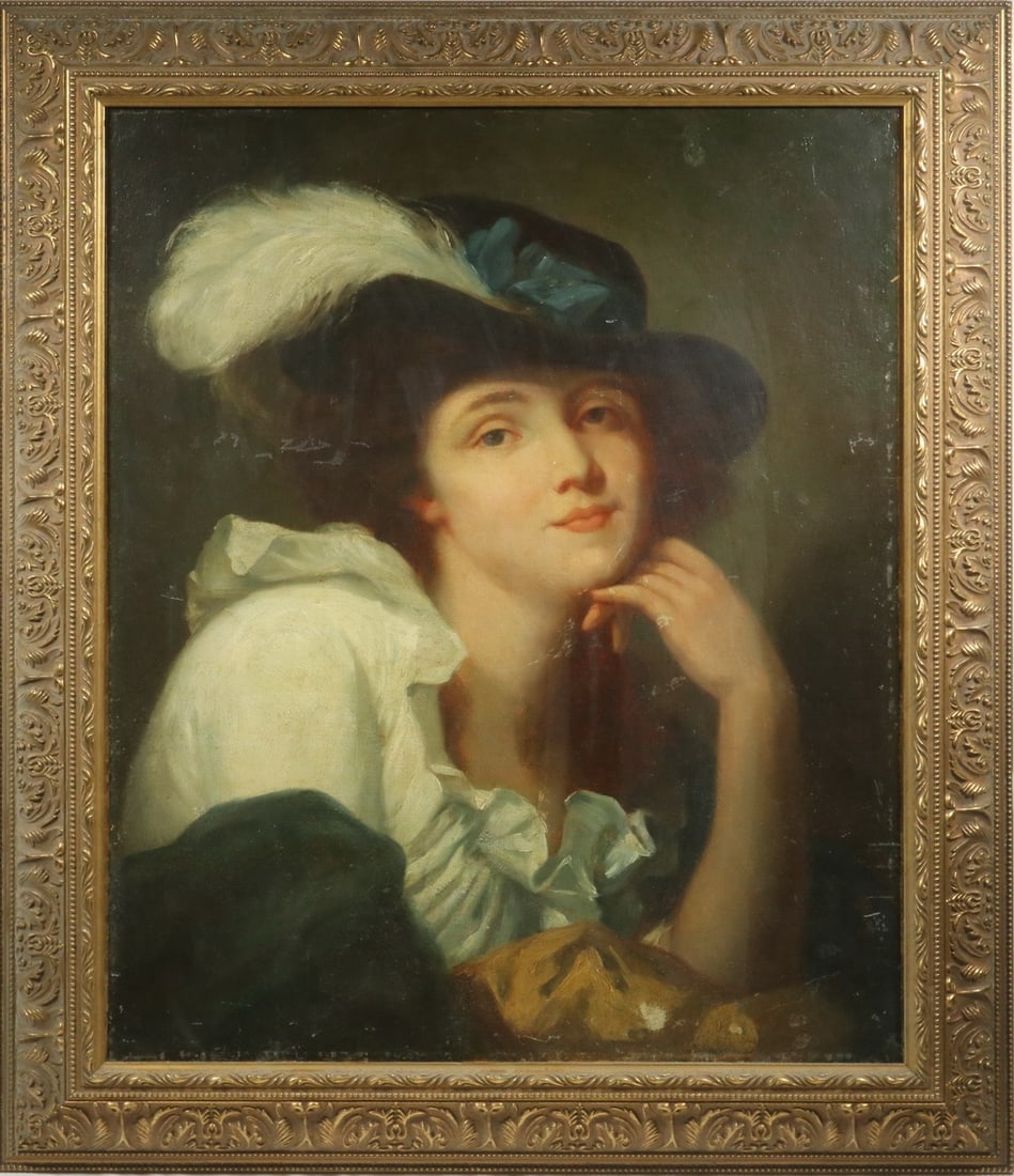 19TH C. PORTRAIT OF A CAVALIER GIRL: Late Romantic Period Style English, oil on canvas, unsigned, depicting a pensive woman in blue and white, her chin on her hand, a white feather in her cap, she is looking softly at the viewer, in a mo
