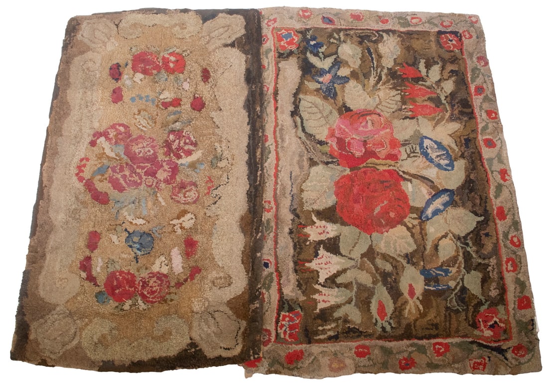 (2) MEDIUM SIZED HOOKED RIGS: Circa 1900, including: Large Rose Blossoms and flowering vine edge, 33" x 58"; PLUS Large Blossoms, lobed border set into striated brown edge, 40" x 60", edge losses.
